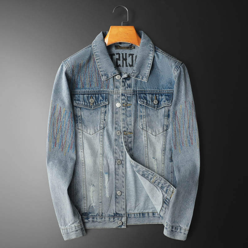 Streetwear High End Brand - Jaket Denim dicuci Vintage pria, jaket