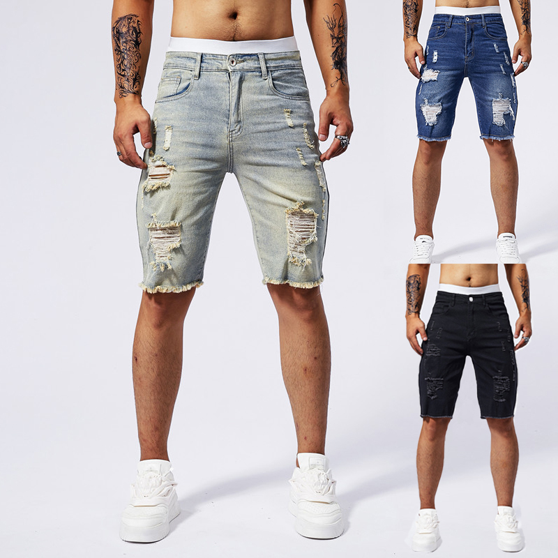 Streetwear Brand Denim - Celana Pendek Denim Robek Pria Baru